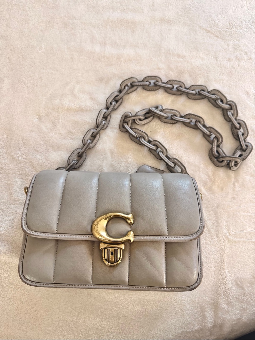 Soft Leather Chic Quilted Shoulder Bag with Gold 'C' Accent - Light Gray